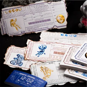 Vintage space theme ticket memo pad with gold foil stamping, creative stationery paper for journal.