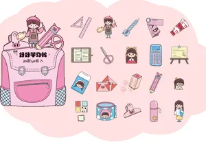 Niedliche Cartoon-Mädchen Aufkleber Details, rosa Schreibwaren und Rucksack Design Elemente Set.