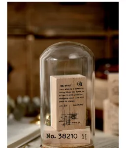 Detailopname van vintage houten stempel met inspirerende engelse citaten onder glazen stolp.