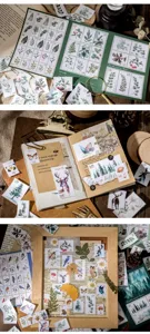 Vintage botanika aytokollita stamp, retro fyta DIY scrapbooking diakosmitika chartia.