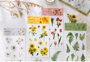 PET botanical specimen stickers for journal DIY, featuring delicate floral and leaf designs for crafts.