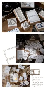 Houten stempel detailweergave met vintage postzegelmotieven voor knutselen en journaling.