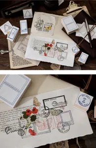 Vintage houten rubberstempels en DIY journal decoratieve memo papier set details product.