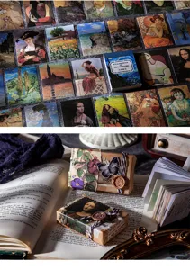 Vintage art pocket sticker book detail showing classic painting designs and retro journaling materials.
