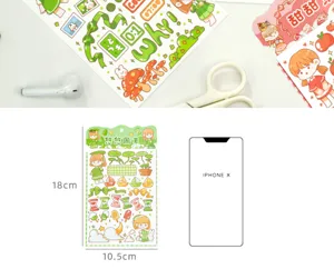 Vista detallada de la linda hoja de pegatinas decorativas de dibujos con dimensiones.
