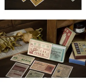 Vintage ticket sticker doos set voor DIY dagboek, scrapbooking en retro knutselwerk.