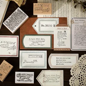 Vintage Engelse houten stempels en DIY decoratieve labels set voor planner en dagboek knutselen.
