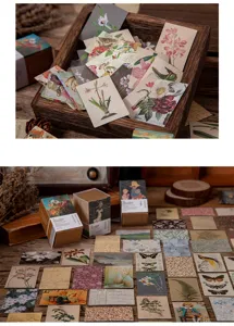 Vintage botanische ansichtkaart sticker set, mini scrapboek papier materiaal voor dagboek knutselen.