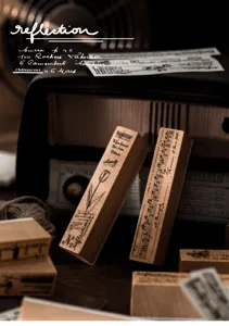 Vintage wooden stamps set, botanical and music design for DIY journal crafting and scrapbooking.