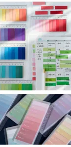 Vue détaillée des notes adhésives style japonais, blocs-notes colorés pour planificateur.