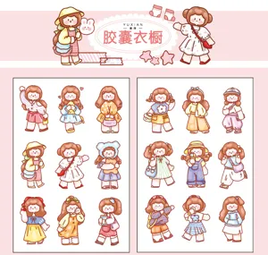 Cute cartoon girl sticker sheet, capsule wardrobe design for cute journal DIY decoration.