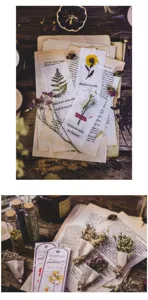 Λεπτομέρεια υλικών scrapbooking φυτών vintage με κάρτες λουλουδιών και παλιές σελίδες βιβλίων.