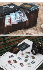 Pack d'autocollants timbre vintage dorés, carnet décoratif thème voyage, 8 styles différents.