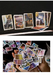 Lot de stickers autocollants timbre vintage dore pour carnet scrapbooking de voyage.