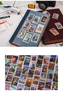 Pack d'autocollants de timbres postaux vintage dorés pour déco de journal voyage