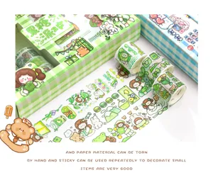 Set regalo di nastro washi e adesivi carini, nastri decorativi verdi per diari e fai da te.
