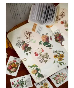 Vintage botanical sticker book details showing retro floral designs for DIY journaling.