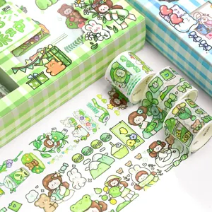 Set regalo con nastro Washi e adesivi, nastro adesivo decorativo verde estetico per scrapbooking.
