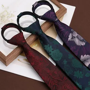 Men's retro floral zipper tie set, 8cm wide business necktie with easy zipper design for formal events.
