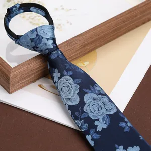 Men's business blue floral zipper tie, retro style necktie for formal wedding events main view.