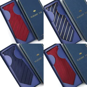 Detail view of classy men's striped formal neckties in exquisite packaging boxes.