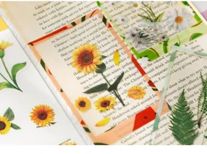 PET botanical flower and leaf specimen sticker detail, clear plant journal DIY material display.
