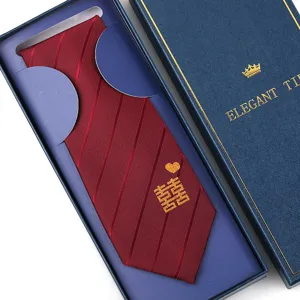 Men red wedding necktie with gold double happiness embroidery in luxury gift box.