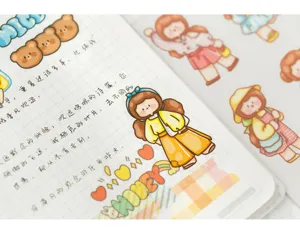 Cute cartoon PVC transfer stickers for DIY journal notebook decoration with hand-drawn designs.