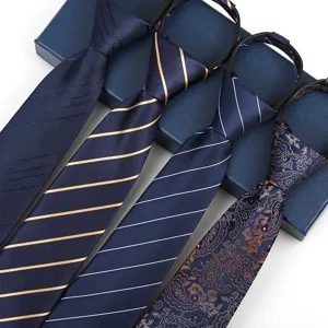 Detailed view of men's business zipper necktie with classic striped and paisley patterns.