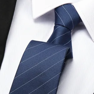 Detailed close-up view of a classic blue striped business necktie paired with a white dress shirt.