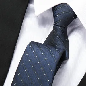 Men's business dark blue plaid pattern tie detail, premium formal necktie for wedding suit.
