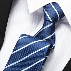 Close-up detail of a classic blue striped necktie paired with a white dress shirt.