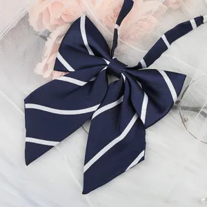 Navy blue JK uniform ribbon bow with white stripes detail close up shot for matching shirts.