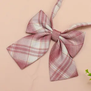 Japanese JK uniform plaid bow tie for school girls, cute pink checkered ribbon for sailor shirt.