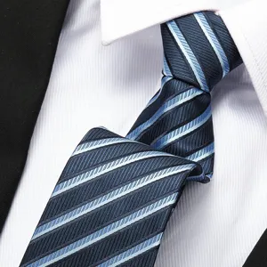 Close-up view of classic blue striped business tie fabric texture and elegant knot detail.