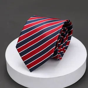 Men classic business formal red dark blue striped necktie detail close-up view professional use.