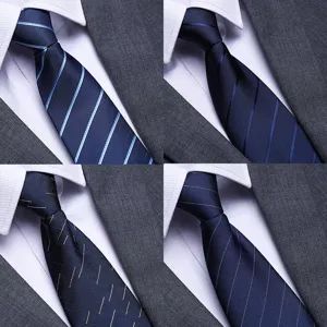 Detail view of stylish men's business blue necktie with classic striped and textured patterns.