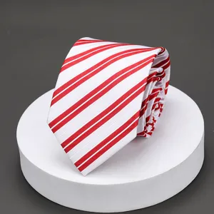 Close-up detail view of red and white striped men's necktie displayed on white podium.