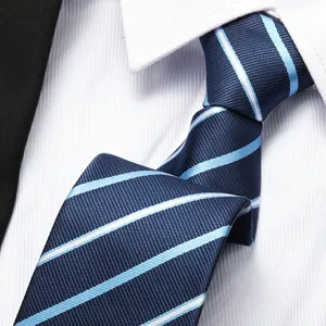 Detail shot of classic navy blue striped business necktie for men, formal wear matching.