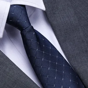 Close-up detail of a blue checkered men's business necktie paired with suit and shirt.