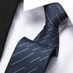 Blue business necktie with geometric dashed line pattern, premium fabric for formal wear.