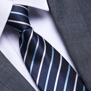 Men's business blue striped necktie close-up, premium fabric formal suit accessory.