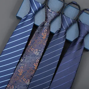 Blue zipper necktie set with elegant stripes and paisley patterns for business formal wear.