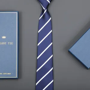Blue striped tie detail showing fine fabric texture and elegant business style packaging box.