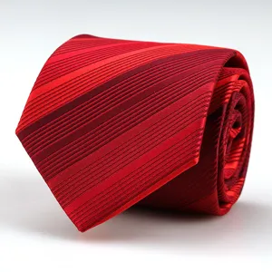 Close-up detail of red striped men's necktie showing fine fabric texture and neat fold.