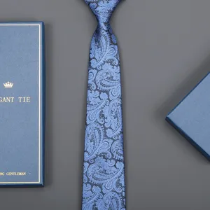 Classic blue paisley necktie with elegant gift box, perfect for business formal wear and grooms.