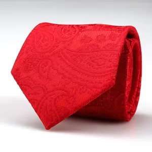 Detailed closeup of the woven red paisley pattern on a classic men's formal necktie.