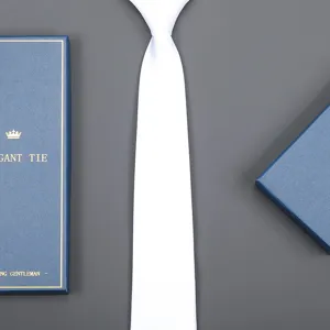 Elegant white business necktie presented with a stylish blue gift box, perfect for formal wear.