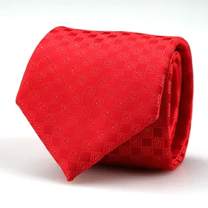 Red men's business formal tie with geometric pattern, elegant wedding suit accessory.