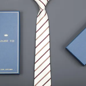 Elegant striped necktie with luxury blue gift box, perfect for business formal wear and events.
